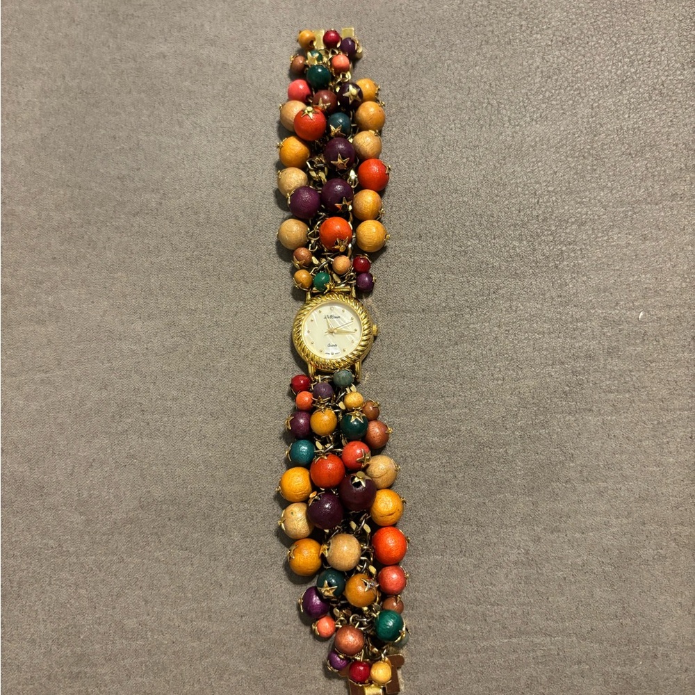 vintage Le Baron watch gold-tone and colorful, wooden bead band- Needs Battery